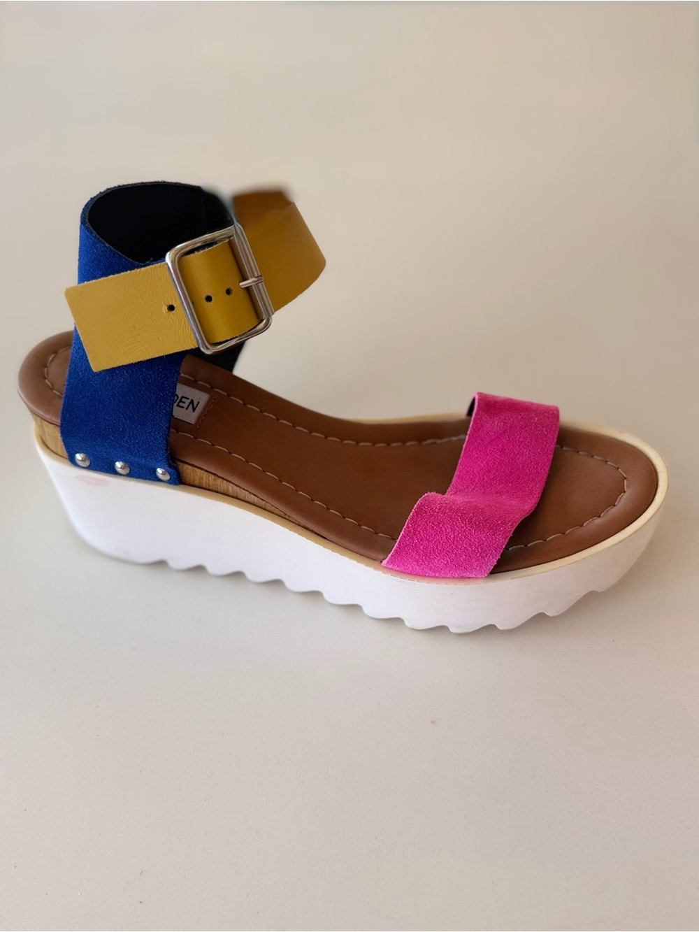 Steve Madden Pink, Yellow & Blue Platform Wedge Sandal - Picture 5 of 7